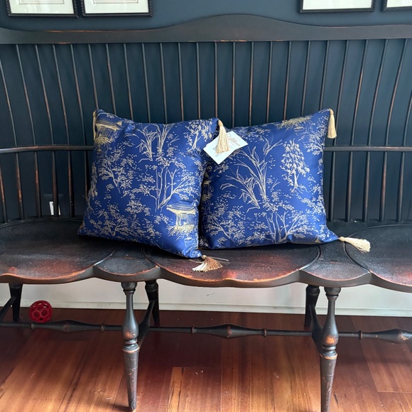 Set of Two (2) Handmade 16" Polished Cotton Throw Pillows with Gold Tassels - Picture 2 of 9